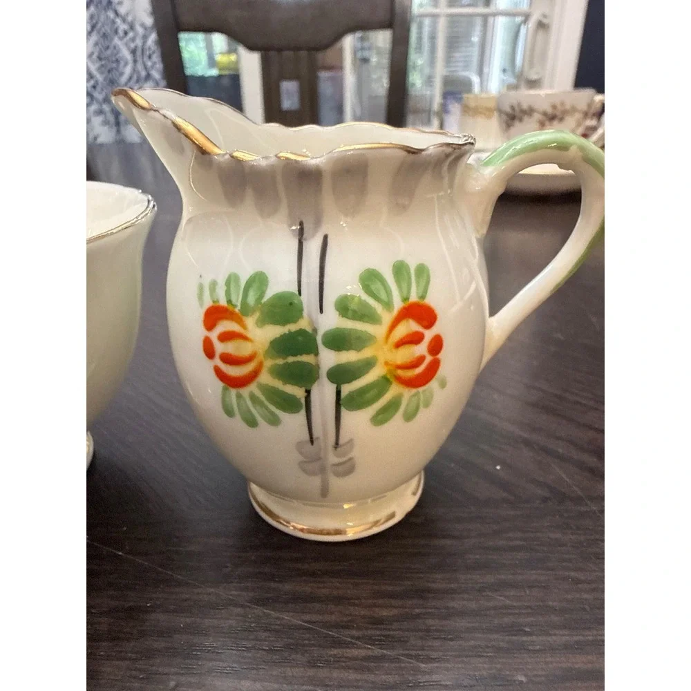 Delphine Bone China Creamer and Sugar Bowl‎ Set Floral Painted England Vintage